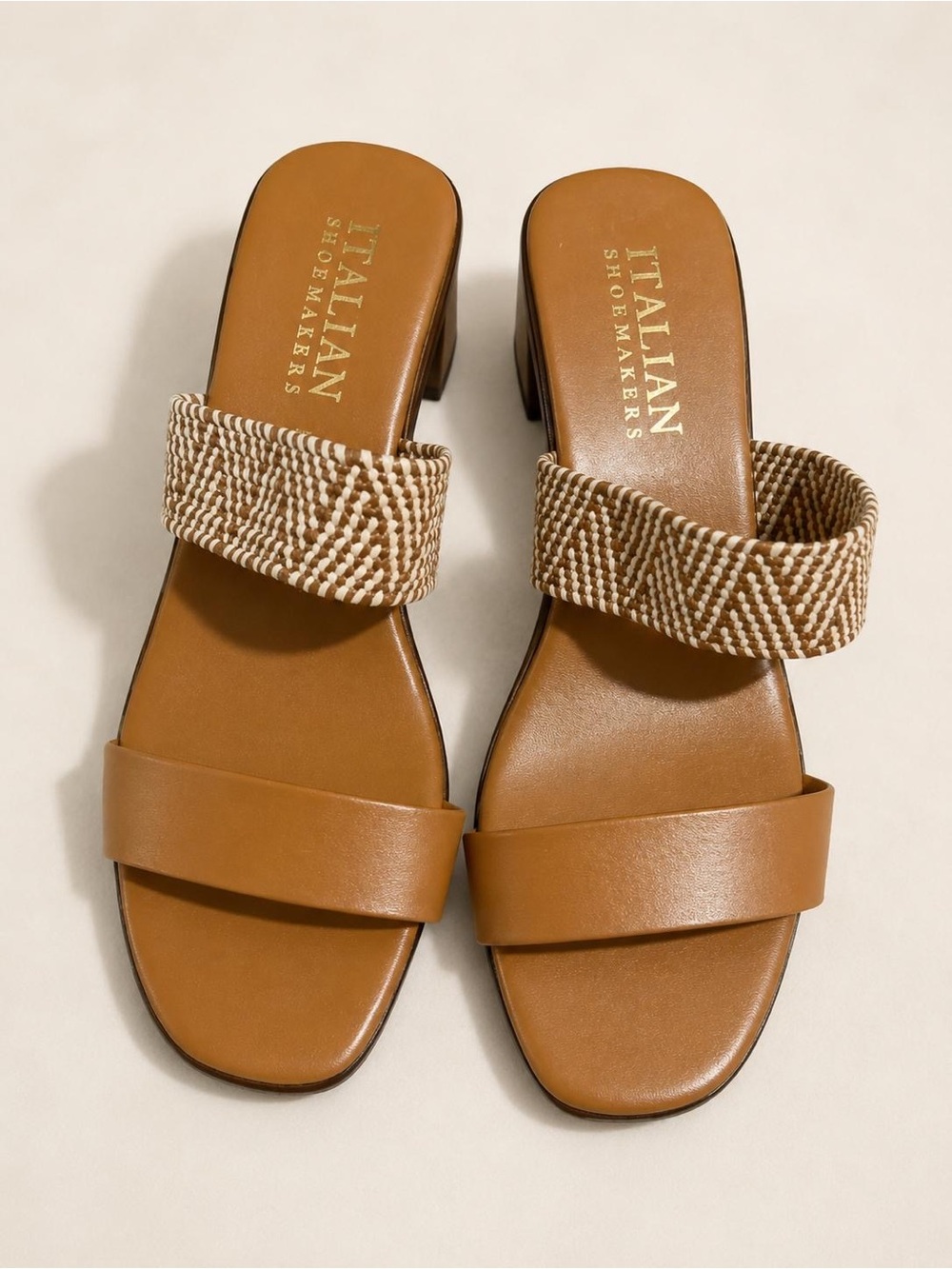 Italian Shoemakers Brown Leather Slide Sandals with Woven Strap
